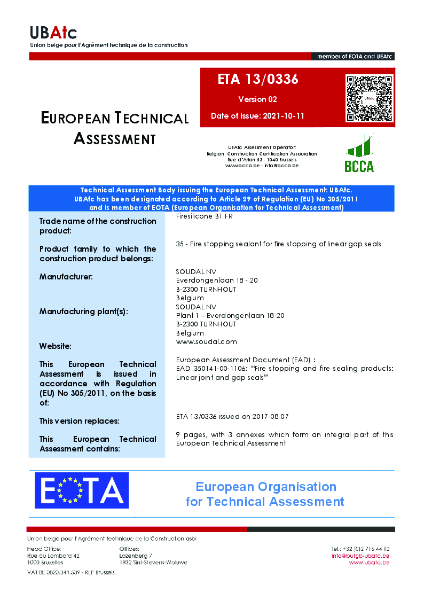 European Technical Assessment ETA 13/0336 Firesilicone B1 FR