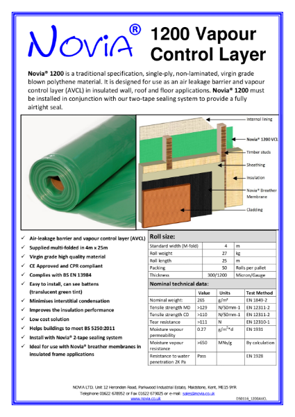 Novia 1200 Gauge Polythene Vapour Control Layer Datasheet