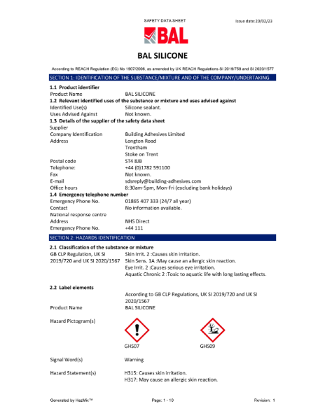 DECLARATION OF PERFORMANCE - BAL Silicone