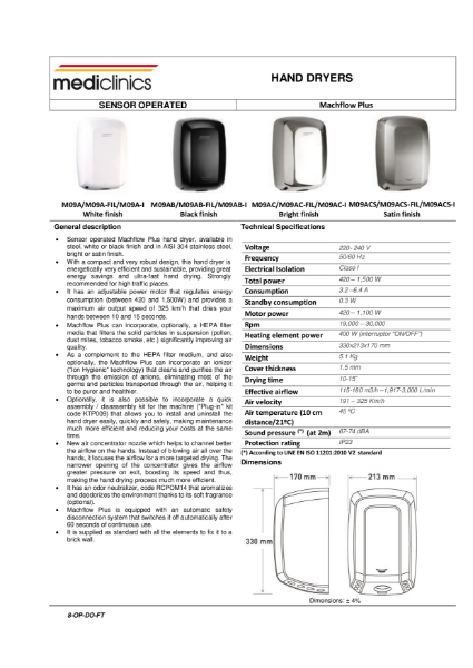 Hand Dryer Spec Sheet - Mediclinics Machflow Plus Hand Dryer M09A / M19A