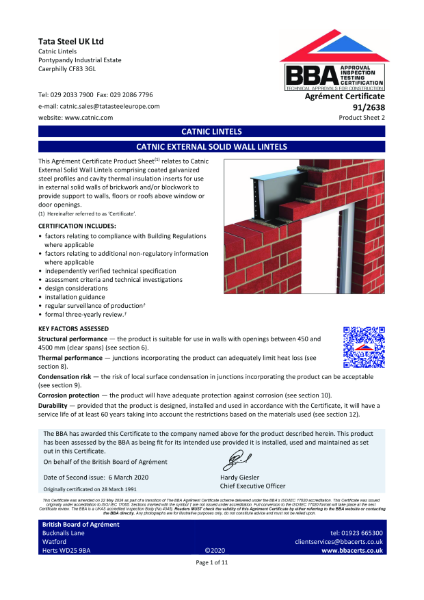 BBA Certification: Catnic Exterbal Solid Wall Lintel