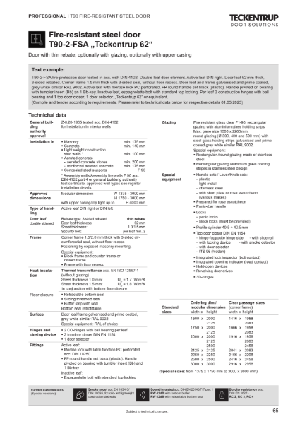 Fire Protection Door T90-2-FSA "Teckentrup 62" (Technical Data)
