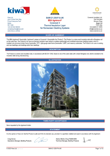 BDA Agrément® - Coverock-V Thermal Insulation Layer for Rainscreen Cladding Systems
