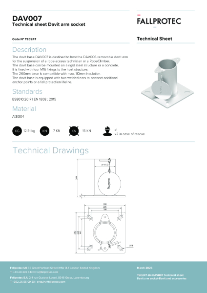 Davit Arm Socket 260mm for SkyDavit (DAV007)