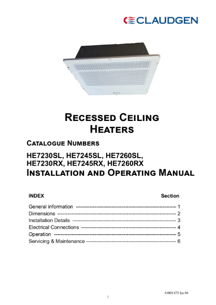 SL Recessed Ceiling Heater user instructions