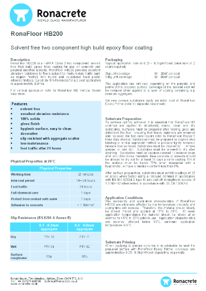 RonaFloor HB200 technical data sheet