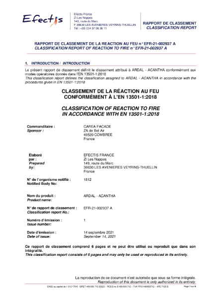 Classification of Reaction to Fire Performance in Accordance to NF EN 13501-1 (ARDAL / ACANTHA)
