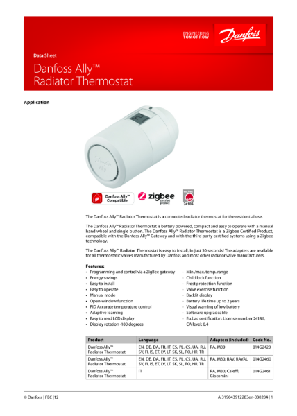 Danfoss Ally™ Radiator thermostat (Data Sheet)