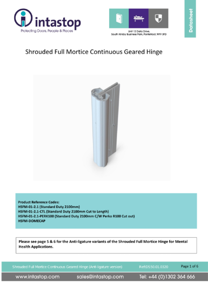 Data Sheet - HSFM & HSAL (Shrouded Full Mortice Hinge and Shrouded Full Mortice Anti-Ligature Hinge)