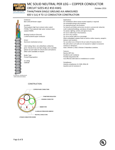 MC Neutral Per Leg Solid Copper circuit Size 600 Volts Single Ground