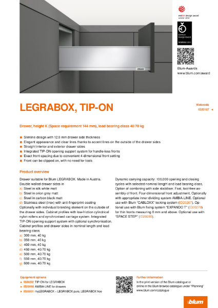 LEGRABOX TIP-ON K Height Specification Text