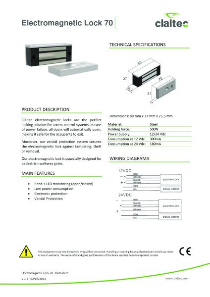 Electromagnetic Lock 70 v1.1 Claitec EN