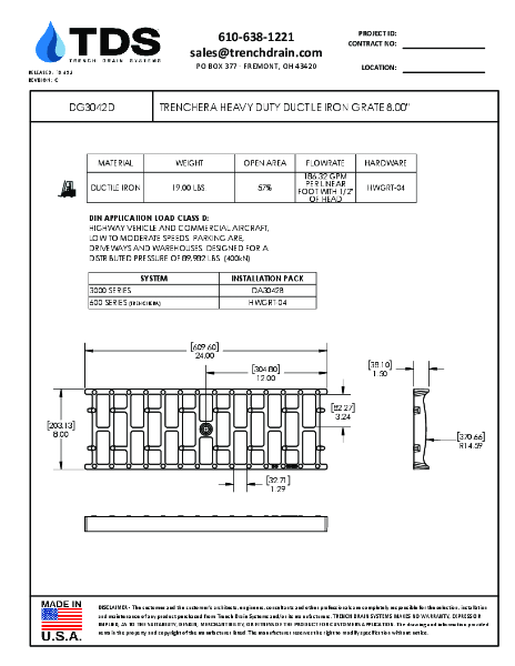 Trench•Era Heavy Duty Ductile Iron Grate 8.00" Class D - DG3042D