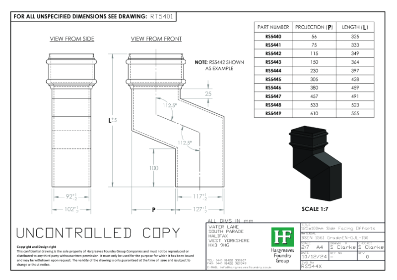 125x100mm Side Facing Rainwater Offsets Drawing