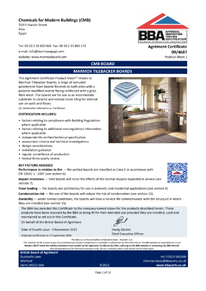 BBA certificate for Marmox Boards