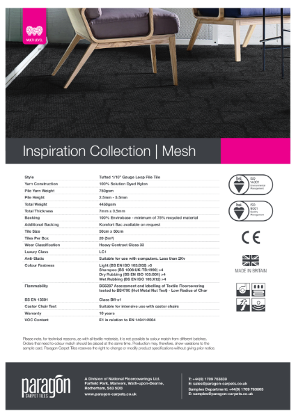 Paragon Carpet Tiles - Inspiration Collection - Mesh - Specification Information