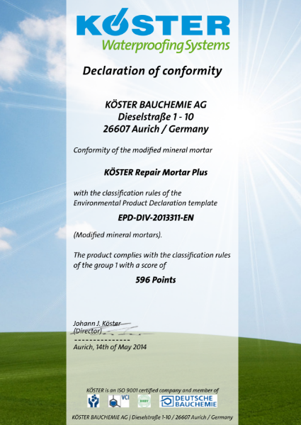 Environmental Product Declaration - Koster Repair Mortar plus 