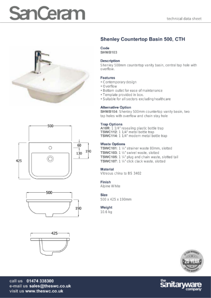 Shenley 500mm Countertop Vanity Basin CTH - SHWB103.