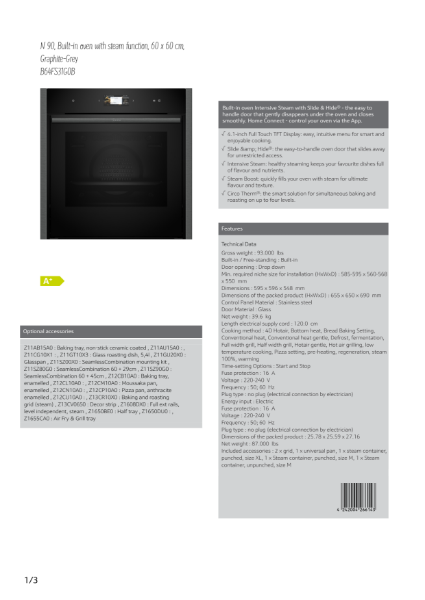 Single oven Slide and Hide door Graphite grey trim B64FS31G0B, Datasheet