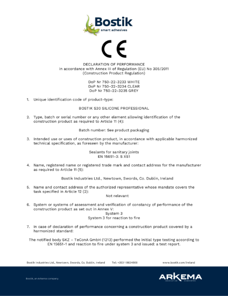 Bostik S30 CE Declaration of Performance