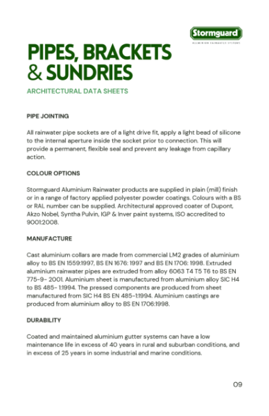 Pipes, Brackets and Sundries Data Sheets