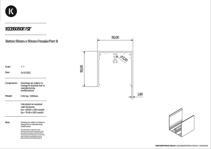 KEB5050F-SF - 50 x 50 mm profile (F) batten