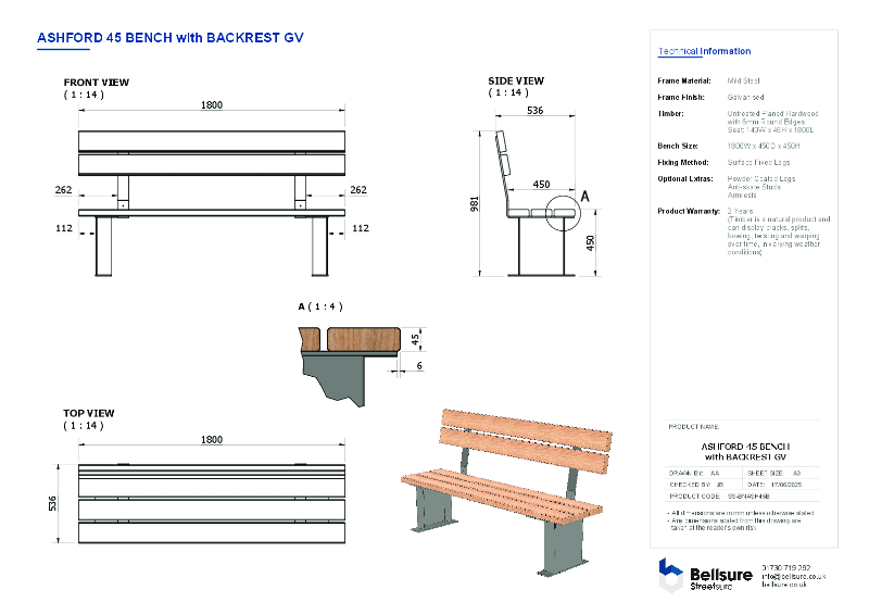 Ashford Bench with Backrest Datasheet