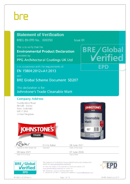 Environmental Product Declaration BREG EN EPD 000350 Johnstone's Trade Cleanable Matt