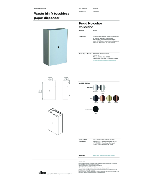 Waste bin f/ touchless paper dispenser, medium 45L (data sheet)