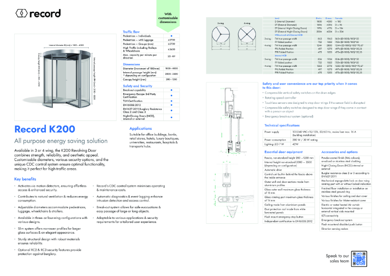 Record K200 Automatic Revolving Door - Product Data sheet