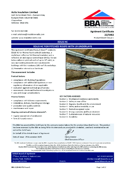 BBA certificate - Eolis HC - PS3 - Pitched Roof (with LR Underlays)