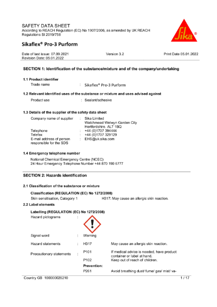 Sikaflex PRO 3 Purform - Safety Data Sheet