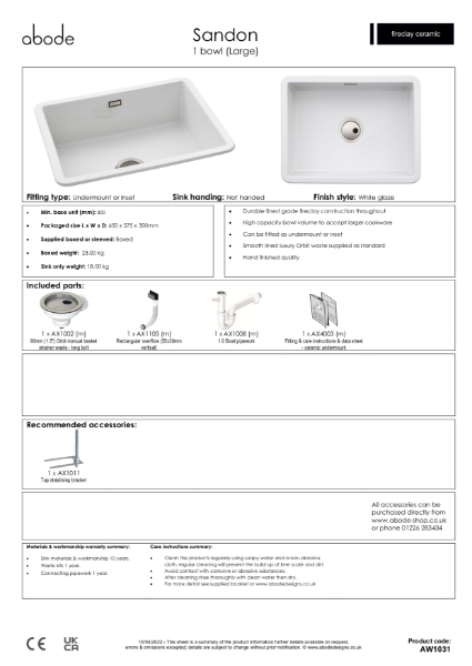 AW1031 Sandon. Ceramic Undermount & Inset Sink (1.0 Bowl Large) - Consumer Specification