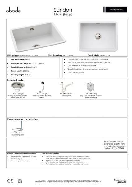 AW1031 Sandon. Ceramic Undermount & Inset Sink (1.0 Bowl Large ...