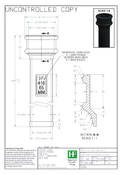 65mm (2.5") Plain LCC Soil Pipe Drawing