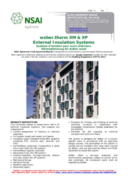 09/0338 weber.therm XM & XP External Insulation Systems NSAI Certificate