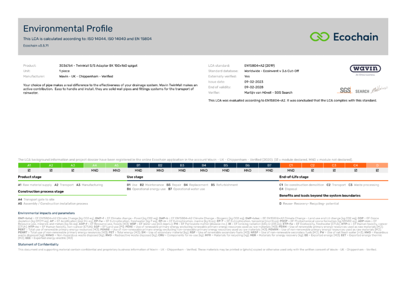 Wavin TwinWall EPD for adaptor (specifically 6TW141)
