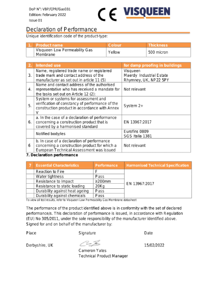 Gas CE Visqueen Low Permeability Gas Membrane Declaration of Performance