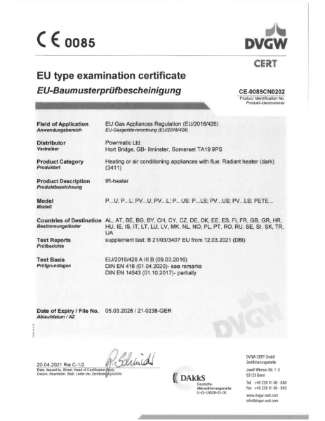 EU type examination certificate - Gas Fired Radiant Tube