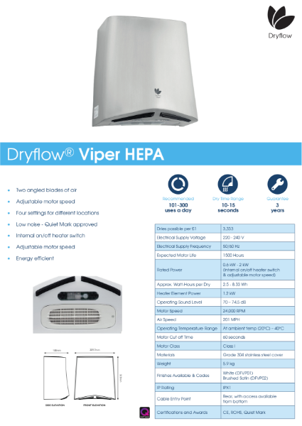 Hand Dryer Spec Sheet - Dryflow Viper with HEPA Hand Dryer