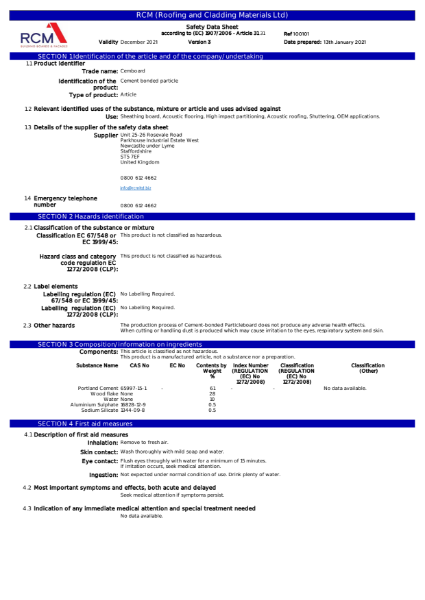 Cemboard Material Safety Data Sheet