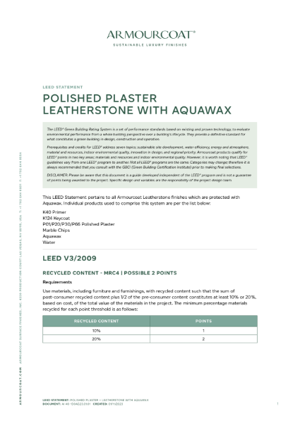 Armourcoat Polished Plaster Leatherstone - LEED Statement