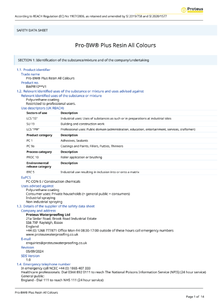 Safety Data Sheet - Pro-BW® Plus Resin