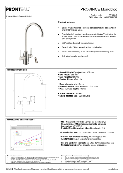 PT1006-2 Pronteau Province (Brushed Nickel), 4 in Steaming Hot Water Tap - Consumer Specification