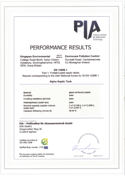 Alpha Septic Tank Performance Results 