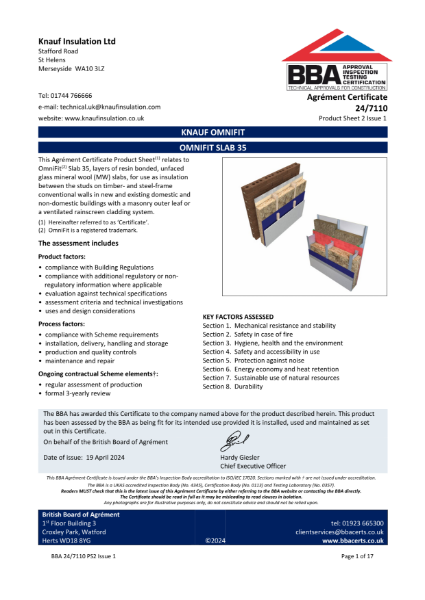 Knauf Insulation OmniFit® Slab 35 - BBA Certificate 24/7110