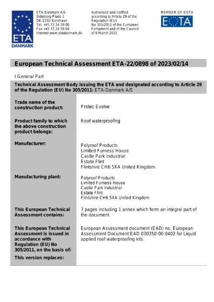 ETA Certificate (ETA 22/0898)