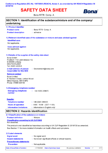 Bona R778 - Safety Data Sheet (Component A)