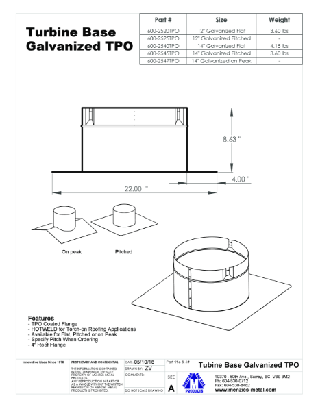 TECHNICAL DRAWING - TURBINE VENT GALVANIZED BASE TPO