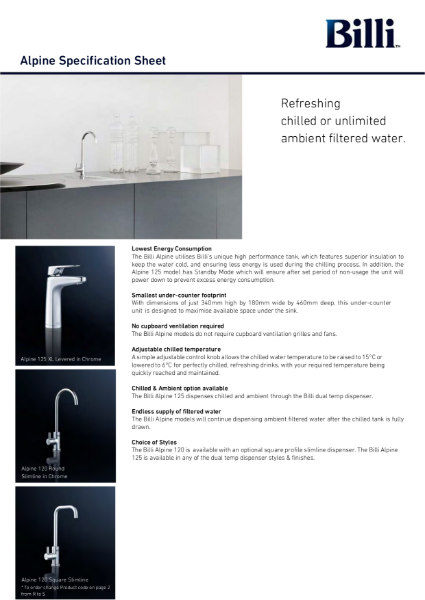 Billi Alpine - Filtered Water System - Data Sheet